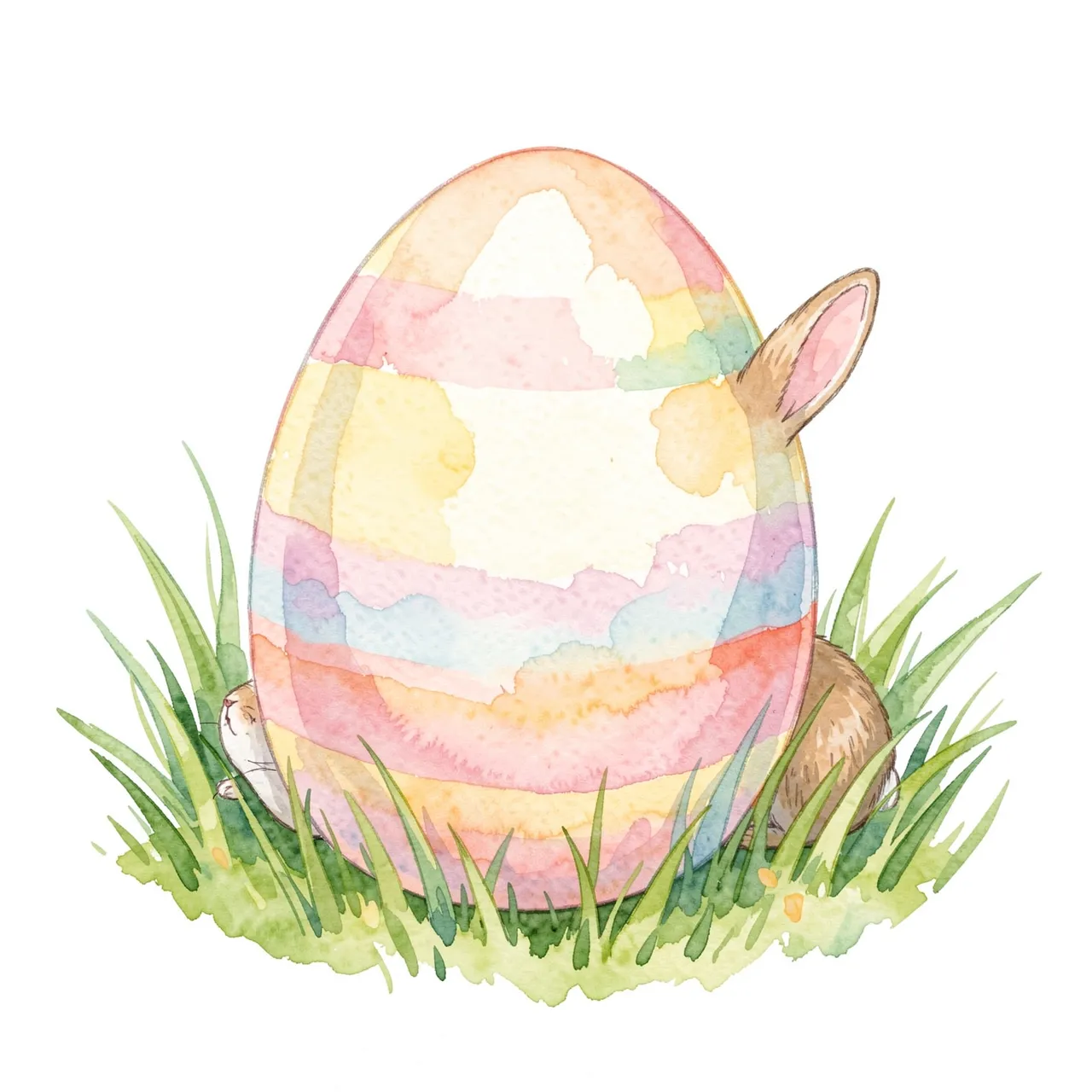 Watercolor illustration of a bunny peeking out from opposite sides of a giant pastel striped Easter egg sitting in grass