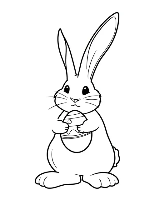 Bold black and white line art of a cartoon bunny holding a decorated Easter egg against a plain white background