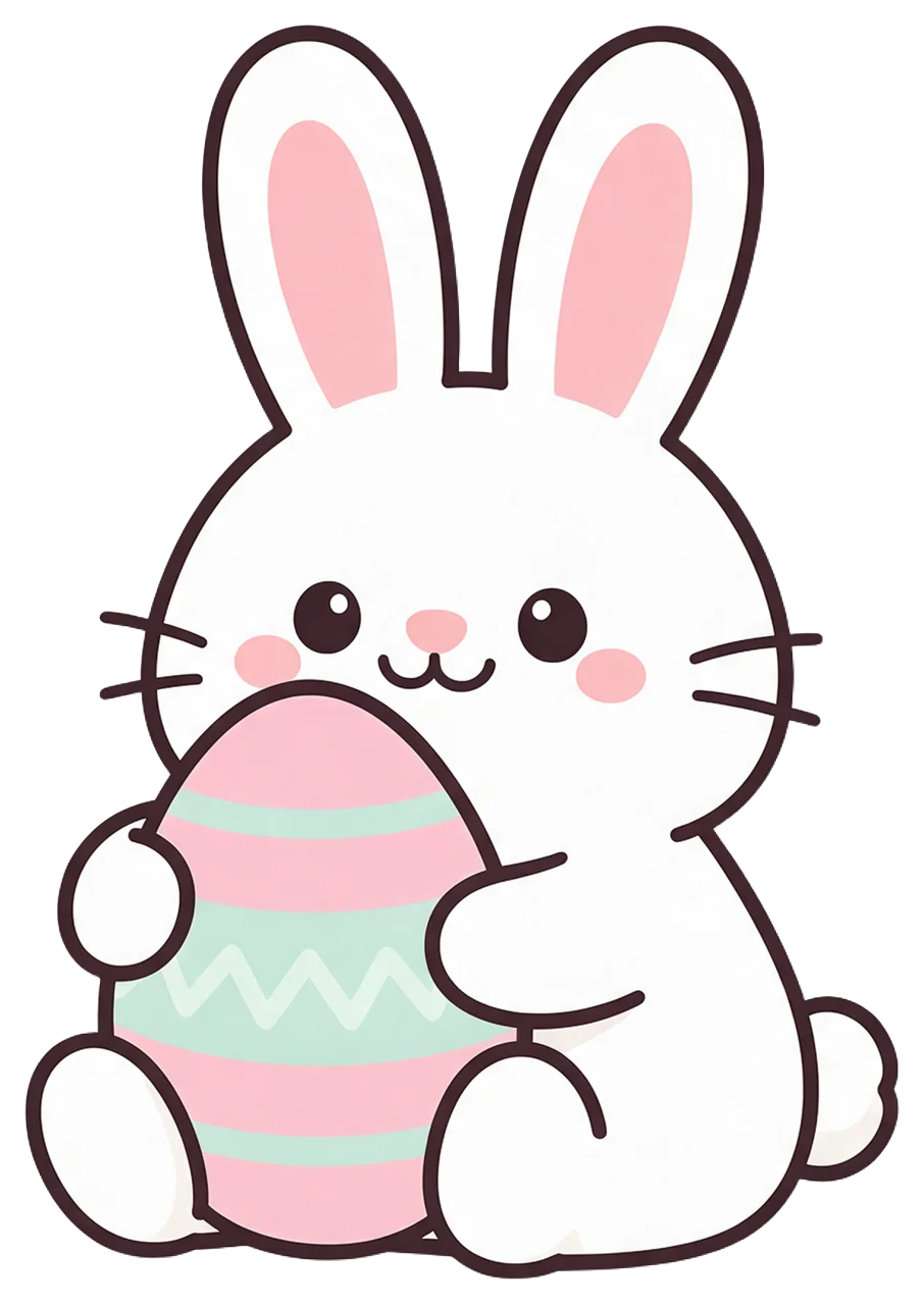 Cute cartoon white bunny sits while hugging a decorated pastel pink and mint Easter egg
