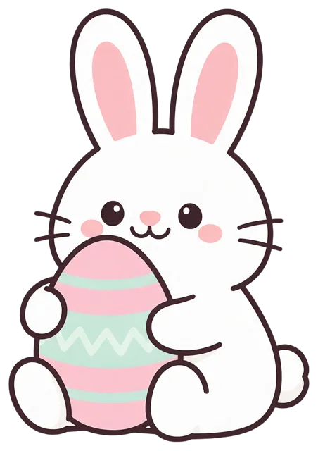 Cute cartoon white bunny sits while hugging a decorated pastel pink and mint Easter egg