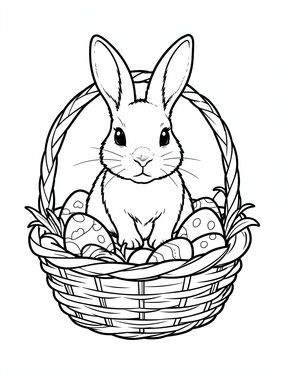 Bold black and white line art of a rabbit sitting inside an Easter basket surrounded by decorated eggs