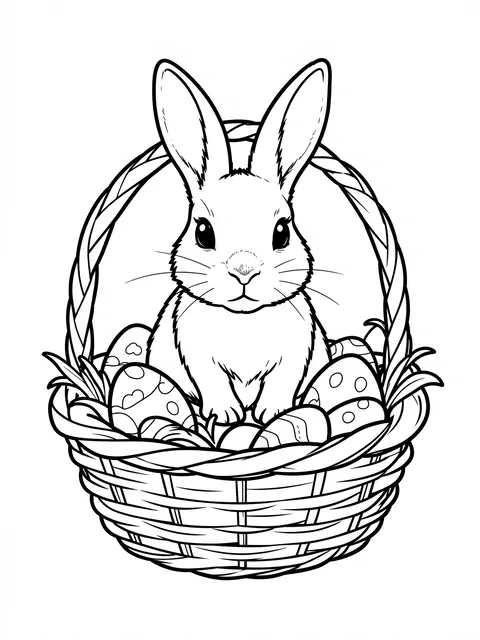 Bold black and white line art of a rabbit sitting inside an Easter basket surrounded by decorated eggs