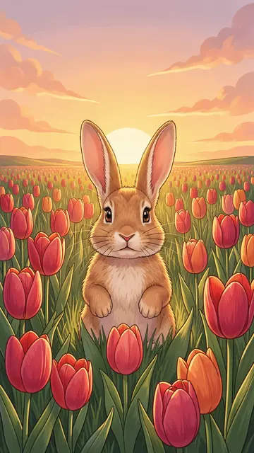 A cute illustrated brown bunny stands upright among red and orange tulips at soft pastel sunrise.