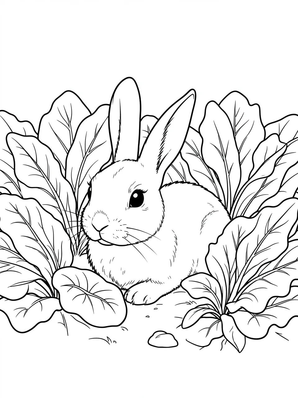 Black and white line art of a resting bunny surrounded by leafy garden plants on a plain white background