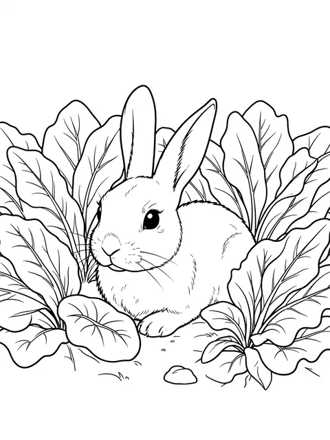 Black and white line art of a resting bunny surrounded by leafy garden plants on a plain white background