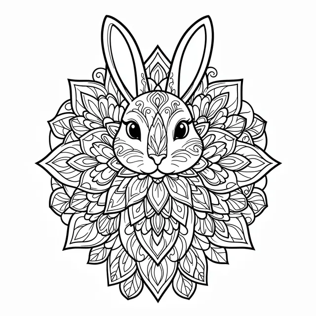 Black and white line art of a rabbit head integrated with an intricate floral mandala pattern on a plain white background