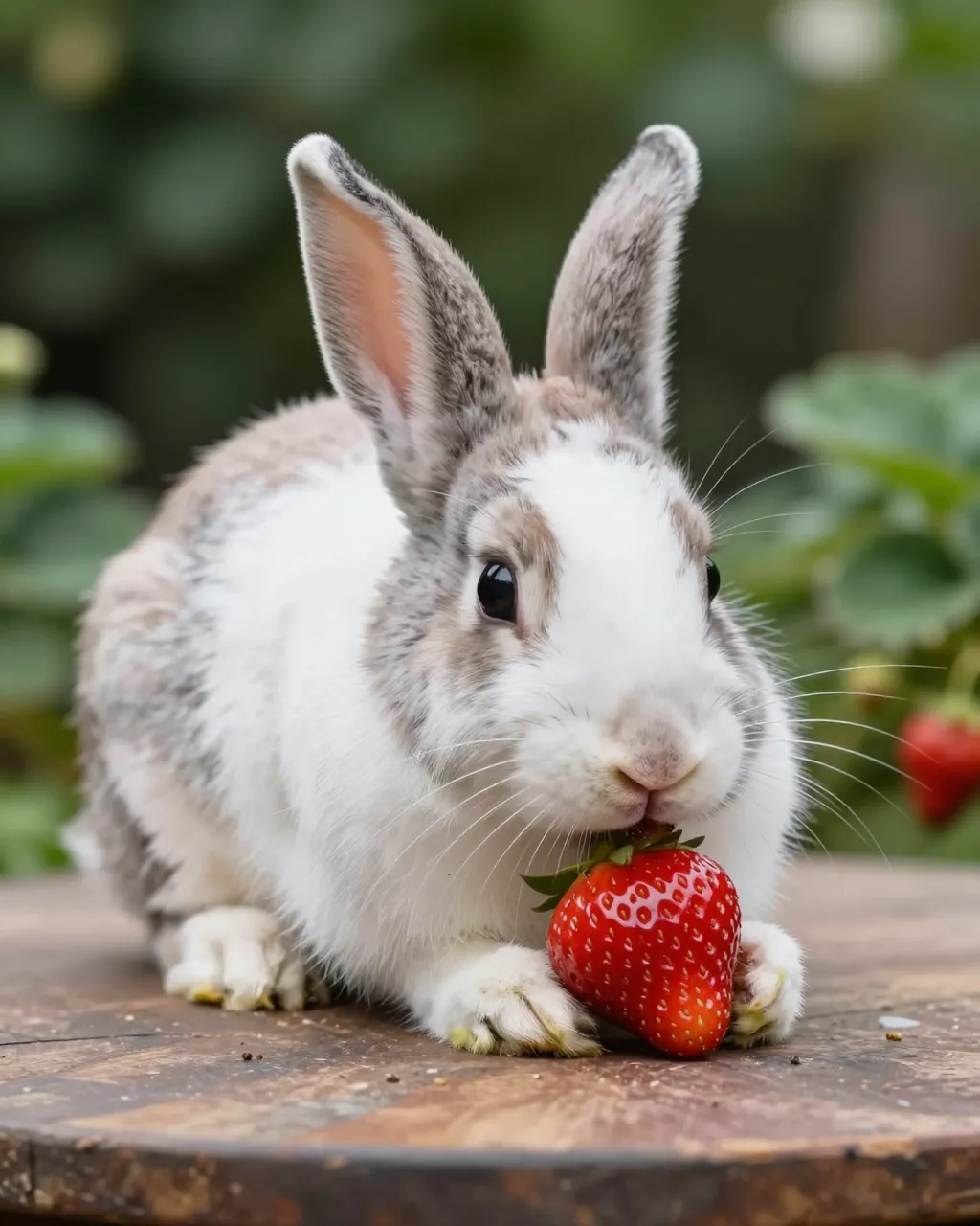 A fluffy gray and white rabbit sits on a wooden garden table nibbling a ripe red strawberry.