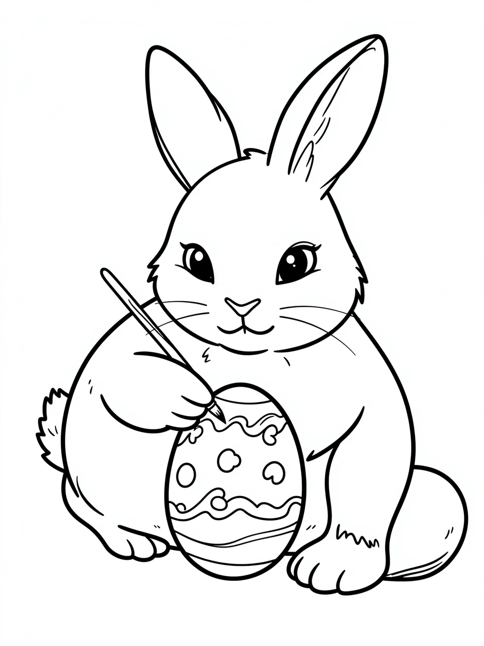Black and white line art of a sitting bunny holding a paintbrush to decorate an Easter egg