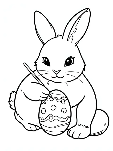 Black and white line art of a sitting bunny holding a paintbrush to decorate an Easter egg