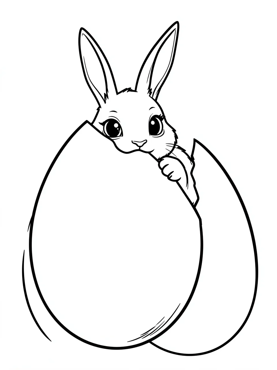 Simple bold black line art of a bunny peeking out from a cracked egg on a white background