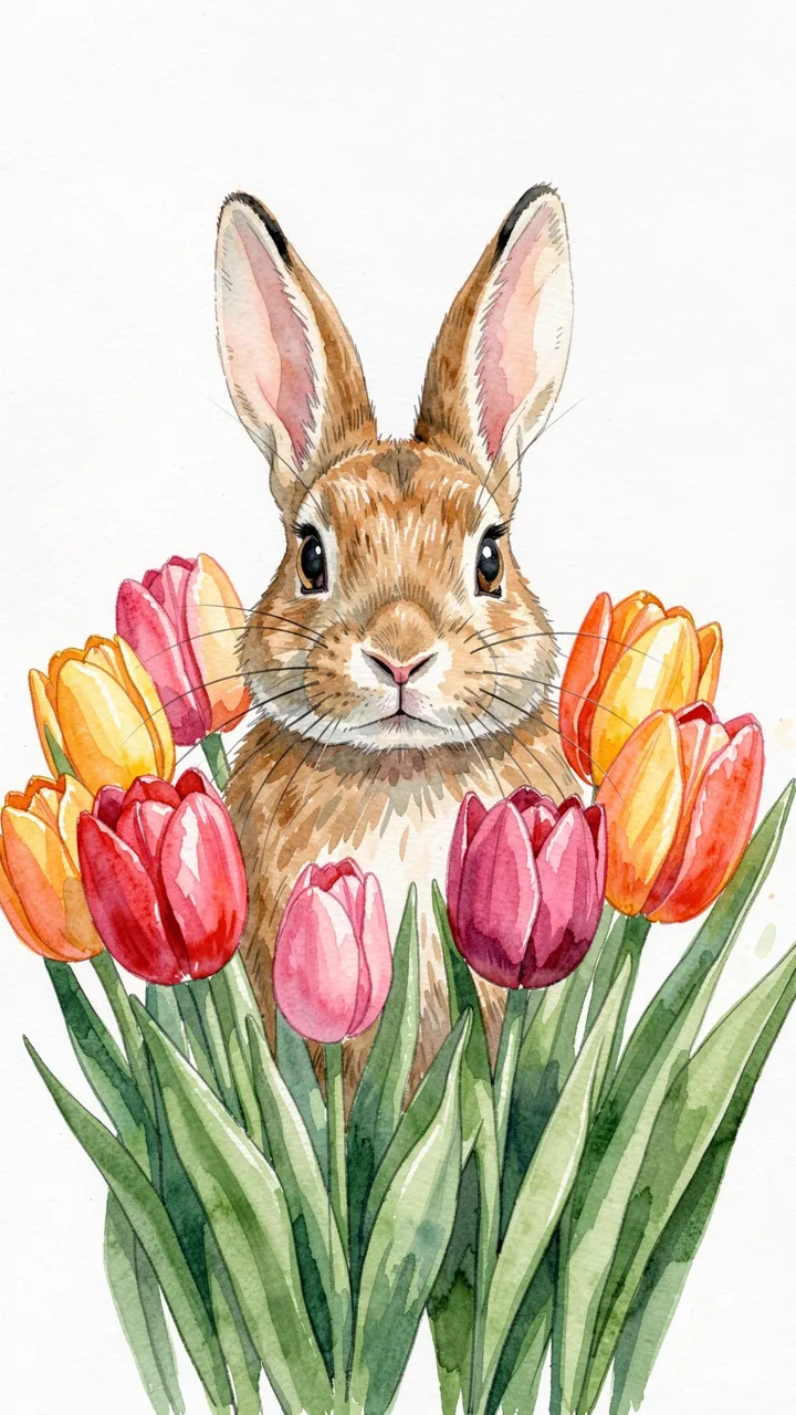 A watercolor brown bunny peeks out from a cluster of colorful pink, red, and orange tulips.