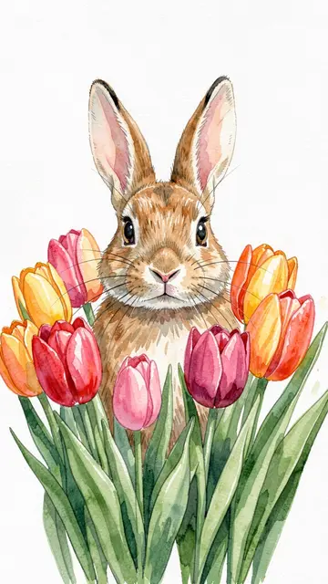 A watercolor brown bunny peeks out from a cluster of colorful pink, red, and orange tulips.