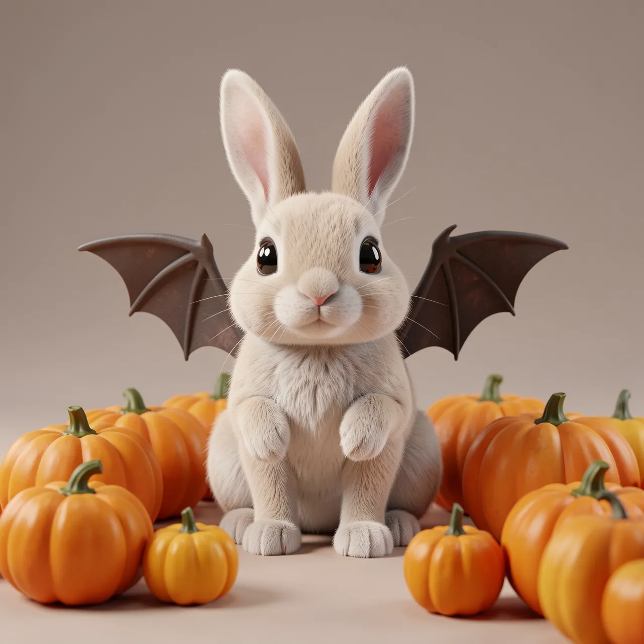 Cute 3D render of a fluffy bunny with tiny bat wings surrounded by mini orange pumpkins for Halloween.