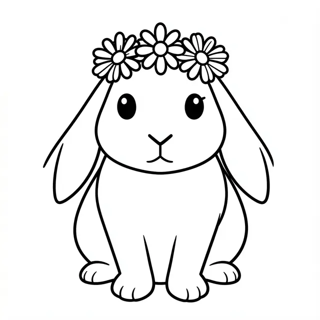 Black and white line art of a floppy-eared bunny wearing a daisy flower crown on a plain white background