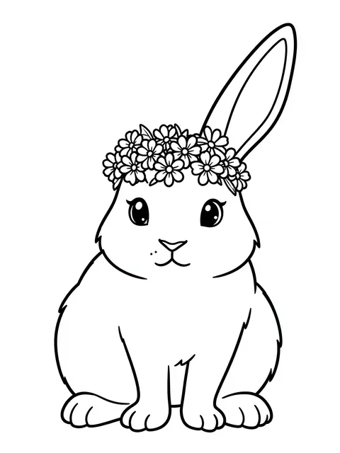 Black and white line art of a sitting bunny wearing a daisy flower crown on a plain white background