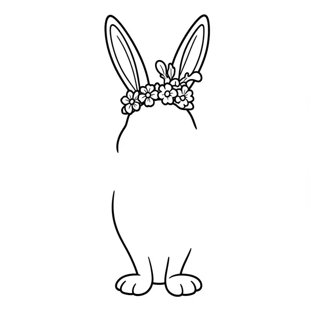 Simple bold black line art of a bunny wearing a flower crown peeking over a blank white space