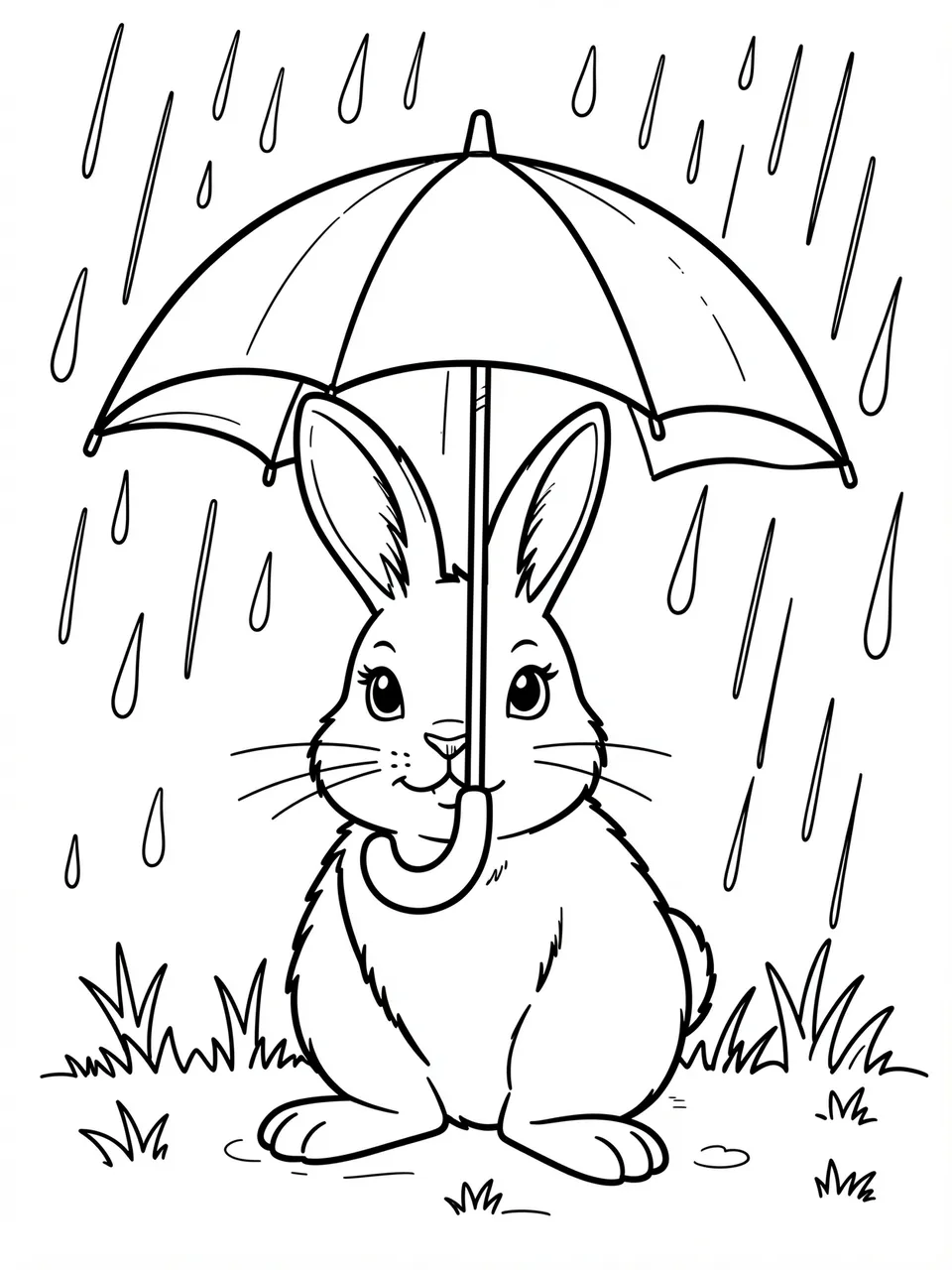Black and white line art of a smiling bunny holding an umbrella under falling spring rain