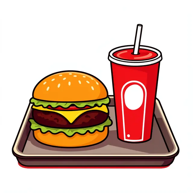 A retro flat vector illustration of a cheeseburger and soda cup resting on a food tray.