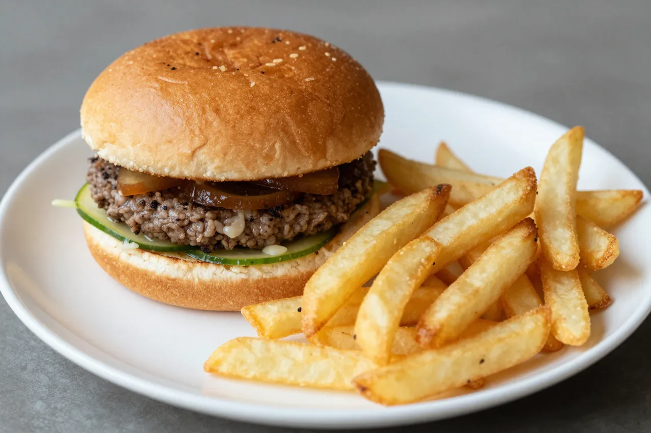 A freshly prepared burger and pile of thick cut french fries rest on a white plate atop a gray tabletop.