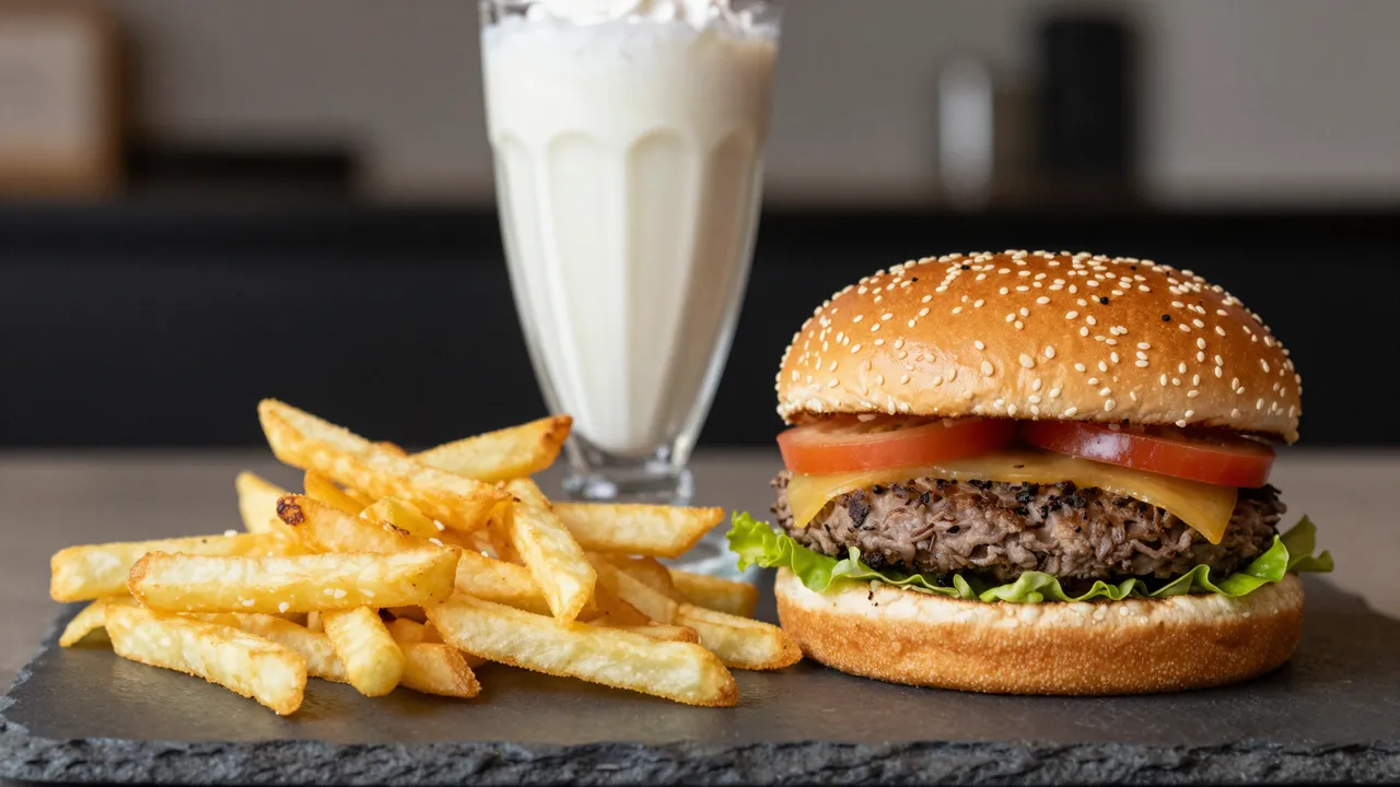 A close-up of a cheeseburger, pile of french fries, and vanilla milkshake arranged on a dark slate serving board.