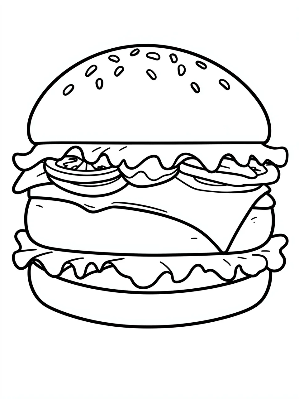 Black and white bold line art drawing of a layered cheeseburger on a plain white background