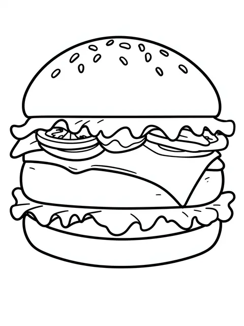 Black and white bold line art drawing of a layered cheeseburger on a plain white background