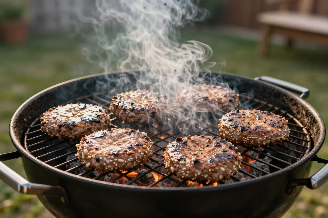 Six searing burger patties smoke over glowing coals on a backyard charcoal grill at golden hour