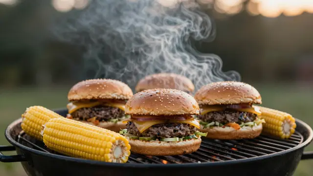 Cheeseburgers and corn cobs cook on a backyard charcoal grill as smoke rises at golden sunset