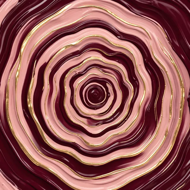Wavy concentric fluid paint rings in burgundy, blush pink, and metallic gold spread outward from a tight center.
