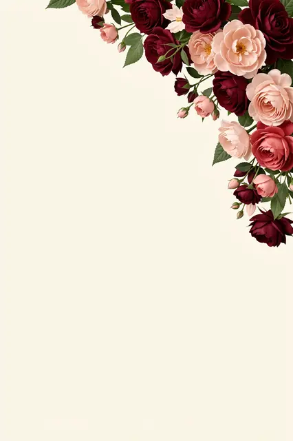 Clustered burgundy and blush roses spill from the top right corner over a plain ivory background