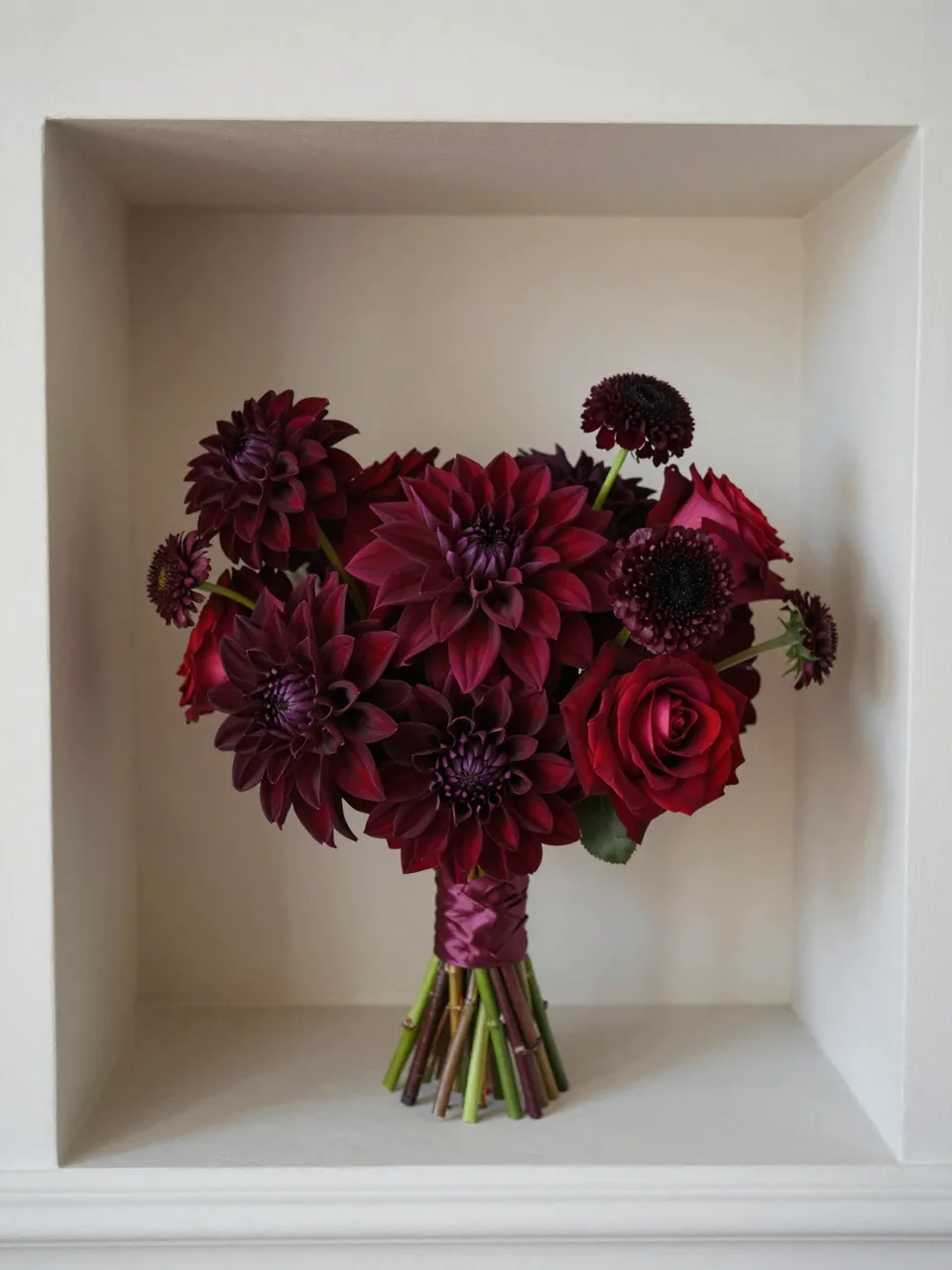Monochrome burgundy flower bouquet resting inside a recessed white plaster wall niche