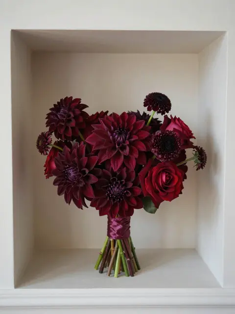 Monochrome burgundy flower bouquet resting inside a recessed white plaster wall niche