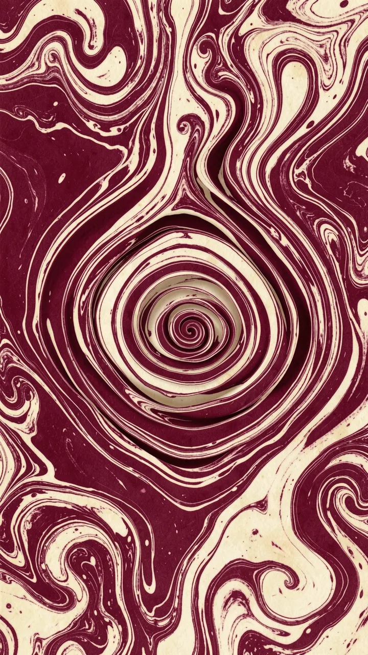 Vertical abstract marbled design with deep burgundy and aged cream nested outward curling lines