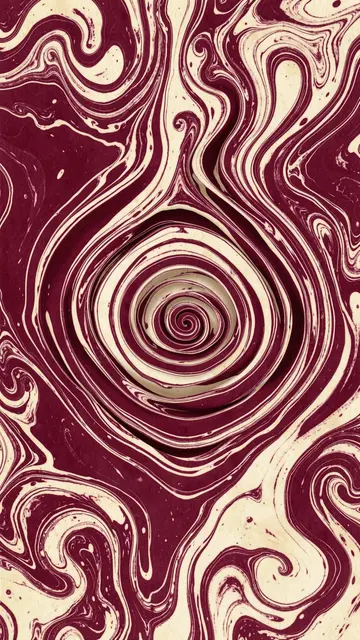 Vertical abstract marbled design with deep burgundy and aged cream nested outward curling lines
