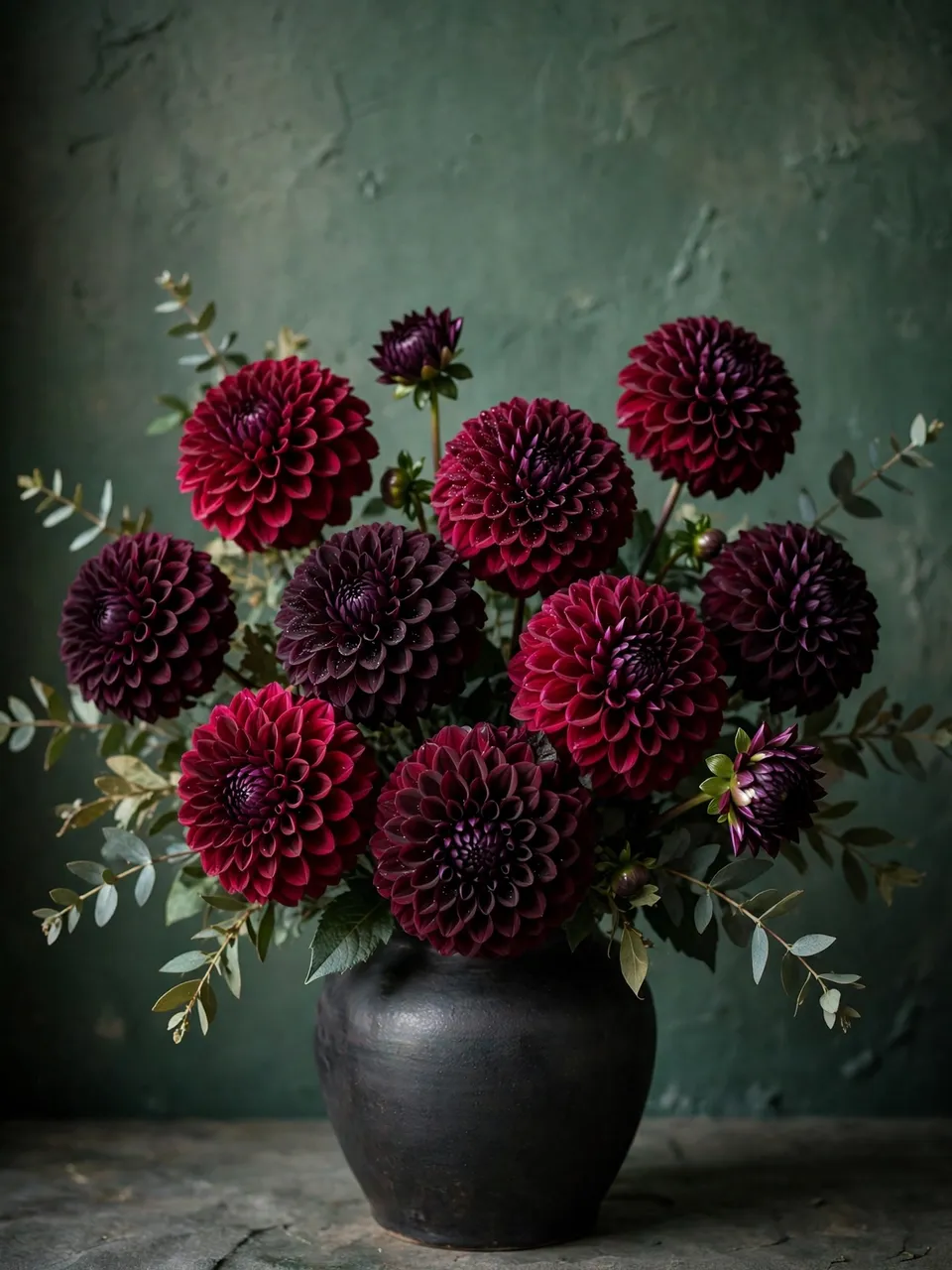 Pom-pom burgundy and plum dahlias in a dark ceramic vase against a moody textured green wall