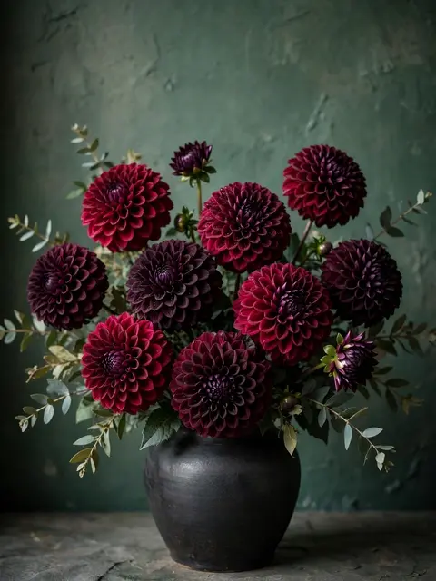 Pom-pom burgundy and plum dahlias in a dark ceramic vase against a moody textured green wall