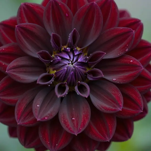 Close-up macro shot of a deep burgundy dahlia flower dotted with clear dew droplets on its petals