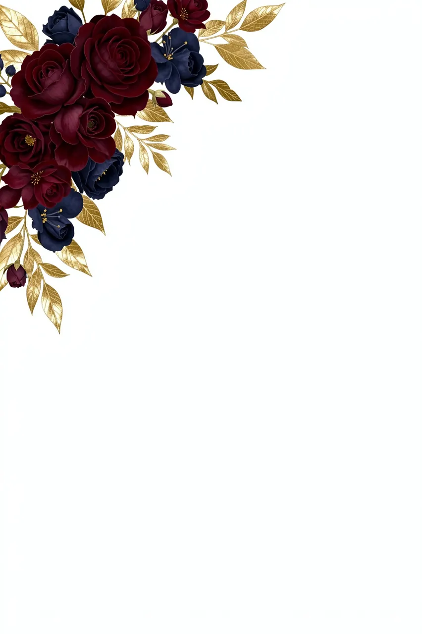 A decorative corner arrangement of burgundy, navy blue roses and gold leaves sits over a blank white background.