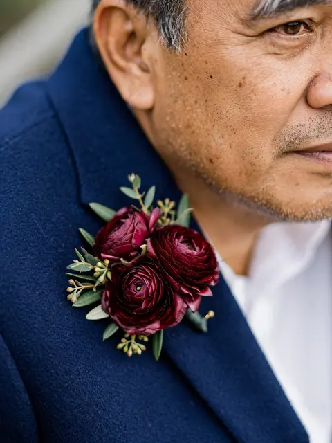 Close-up of a burgundy ranunculus boutonniere pinned to the navy lapel of a middle-aged Southeast Asian groom