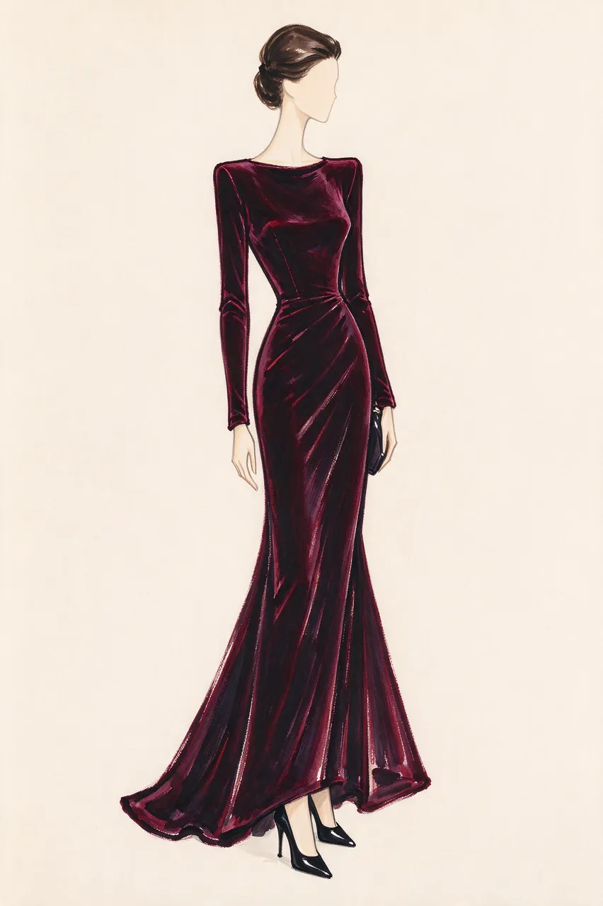 A faceless illustrated figure wears a long-sleeved burgundy velvet evening gown and black heels on cream paper.