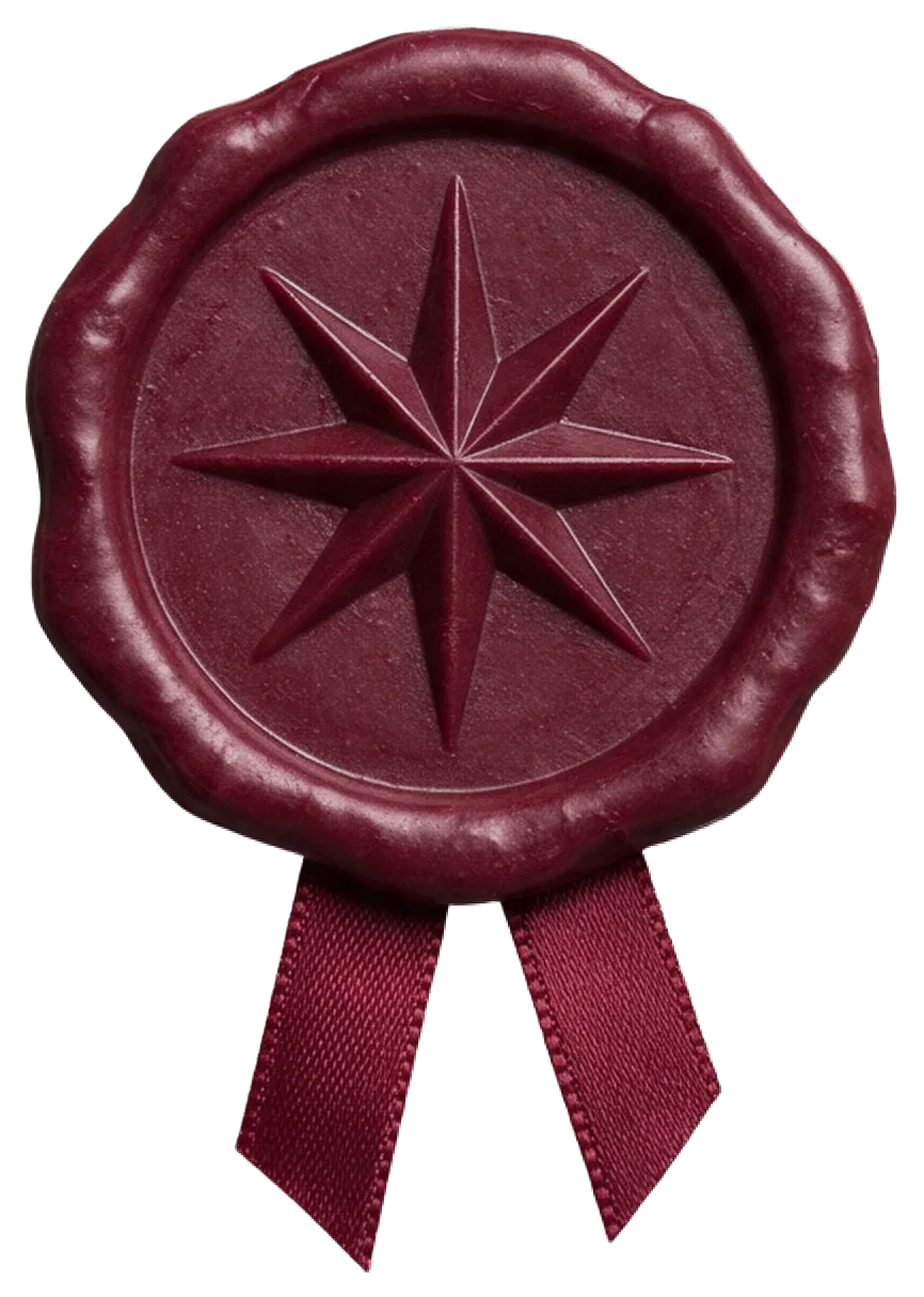 Deep burgundy wax seal with a pressed eight-pointed star and attached satin ribbon tails