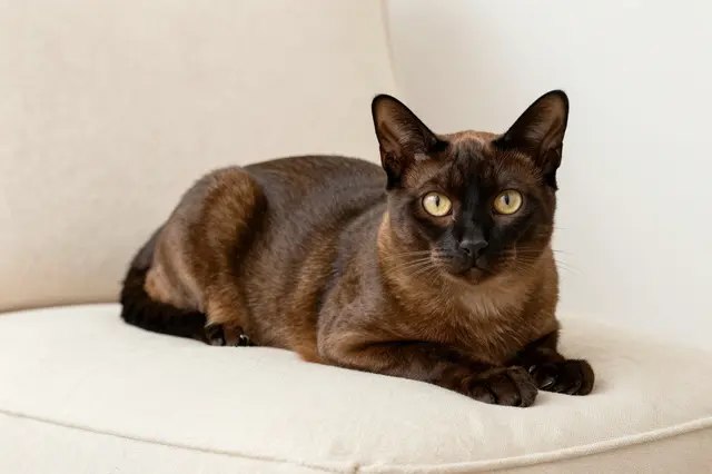 Sable brown Burmese cat with golden eyes rests calmly on a soft cream linen cushion and looks at the camera.
