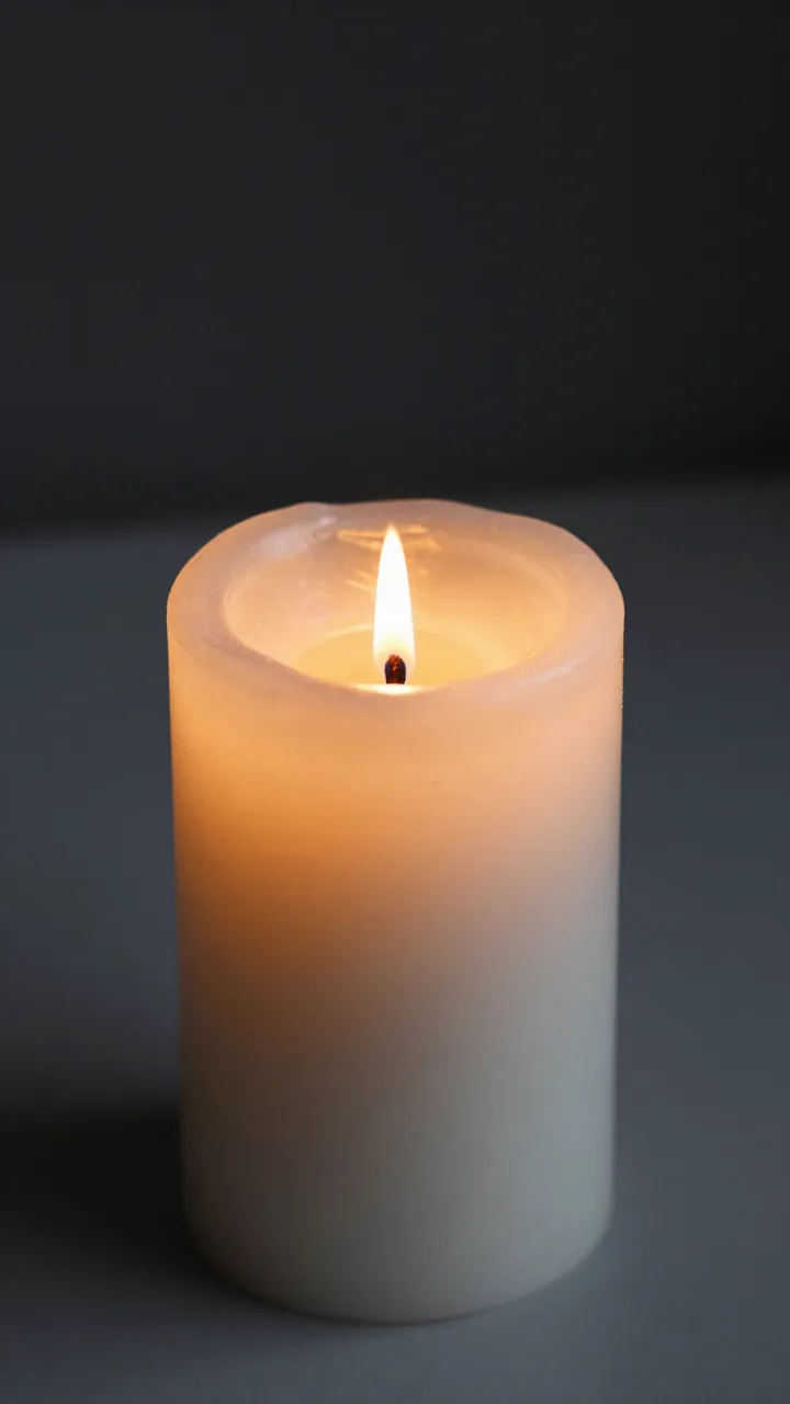 A lit white pillar candle glows softly against a muted dark gray background