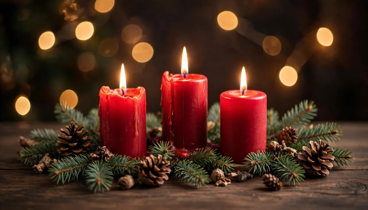 Three lit red candles sit with fir sprigs and pine cones on a dark wooden table with warm golden bokeh lights behind.
