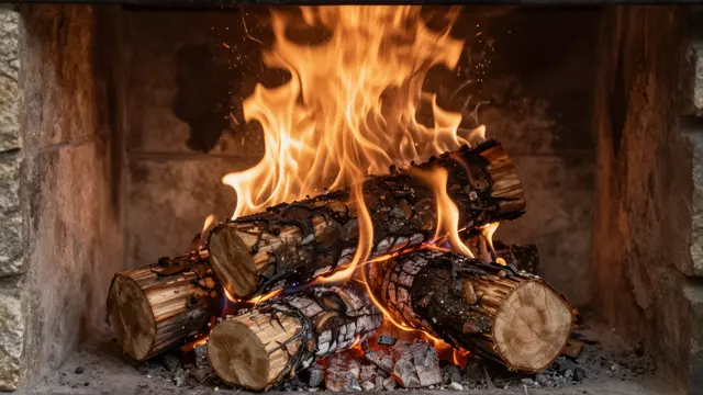 Bright orange flames curl around stacked burning logs inside a rustic stone fireplace