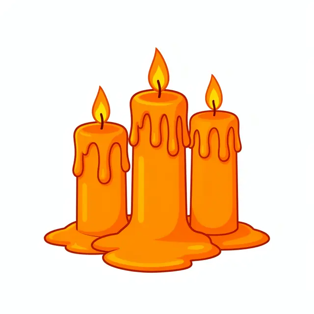 Flat clipart illustration of three lit orange melting candles with dripping wax on a white background
