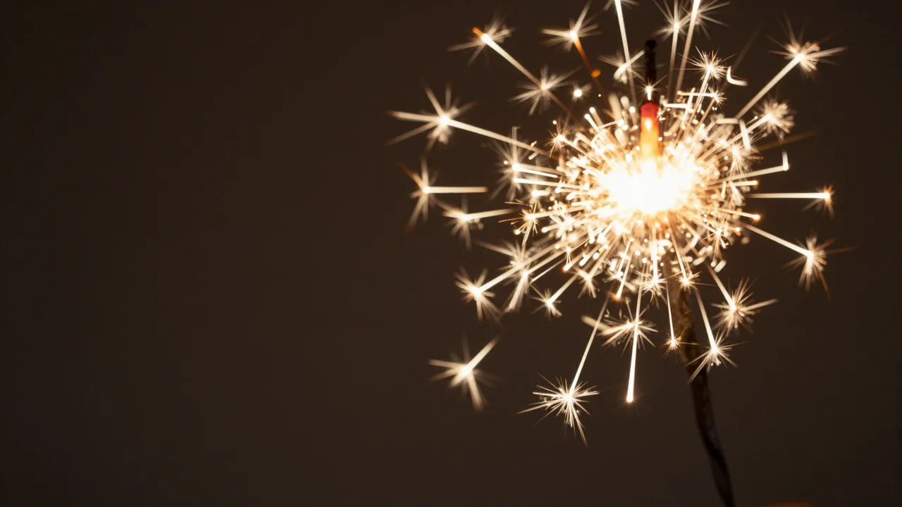 A lit sparkler emits golden light trails on the right, with empty dark copy space on the left
