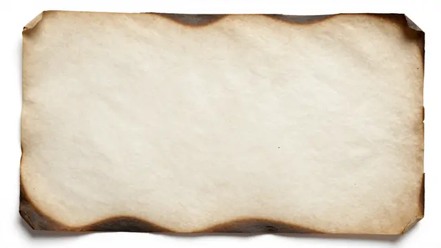 A blank aged paper sheet with dark charred burnt edges sits against a plain white background