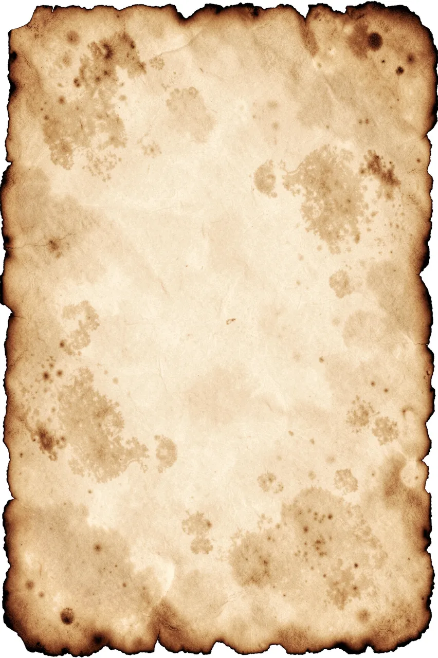 Aged parchment with charred dark edges, mottled sepia stains, and a pale warm central area.