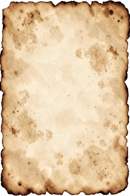 Aged parchment with charred dark edges, mottled sepia stains, and a pale warm central area.